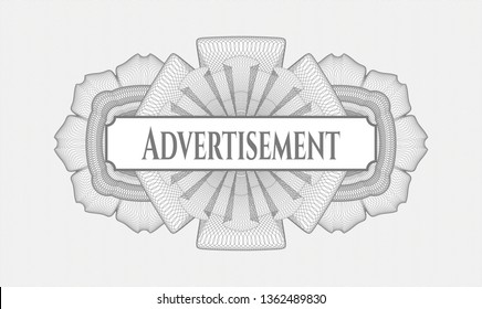 Grey rosette (money style emblem) with text Advertisement inside