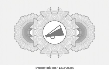 Grey rosette (money style emblem) with megaphone icon inside