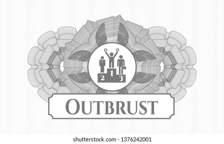Grey rosette (money style emblem) with business competition, podium icon and Outbrust text inside