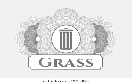Grey rosette or money style emblem with trash can icon and Grass text inside