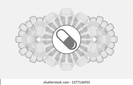 Grey rosette (money style emblem) with pill icon inside