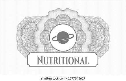 Grey rosette or money style emblem with planet, saturn icon and Nutritional text inside