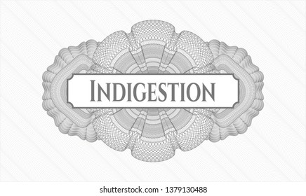 Grey rosette or money style emblem with text Indigestion inside