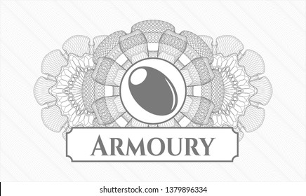 Grey rosette (money style emblem) with olive icon and Armoury text inside