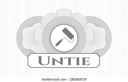 Grey rosette (money style emblem) with roller brush icon and Untie text inside