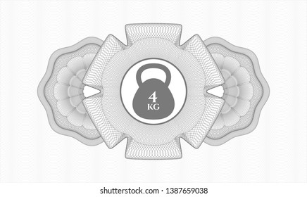 Grey rosette (money style emblem) with 4kg kettlebell icon inside
