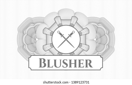 Grey rosette or money style emblem with crossed swords icon and Blusher text inside