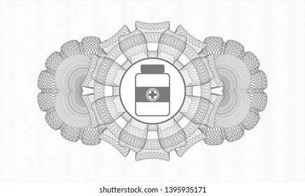 Grey rosette or money style emblem with medicine bottle icon inside