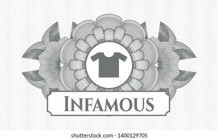 Grey rosette or money style emblem with shirt icon and Infamous text inside