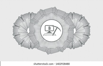Grey rosette (money style emblem) with bitcoin mining icon inside