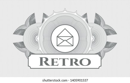 Grey rosette or money style emblem with envelope icon and Retro text inside