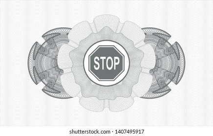 Grey rosette or money style emblem with stop icon inside