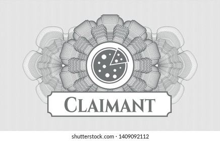 Grey rosette (money style emblem) with pizza icon and Claimant text inside
