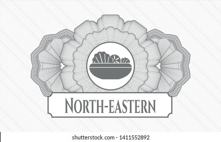 Grey rosette (money style emblem) with salad icon and North-eastern text inside
