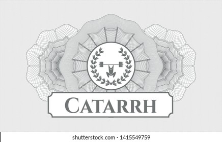 Grey rosette (money style emblem) with weightlifting inside of crown icon and Catarrh text inside