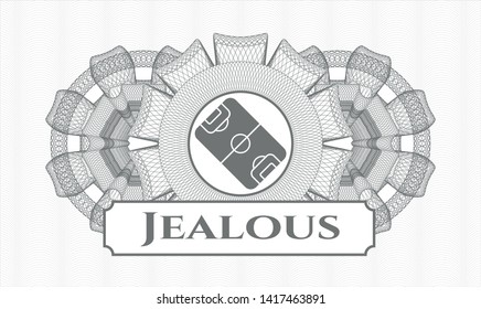 Grey rosette or money style emblem with football field icon and Jealous text inside