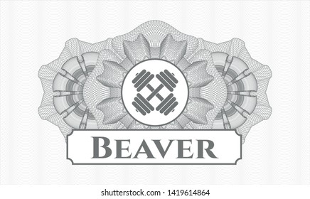 Grey rosette or money style emblem with dumbbell icon and Beaver text inside