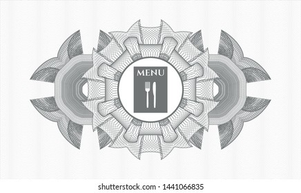 Grey rosette or money style emblem with restaurant menu icon inside