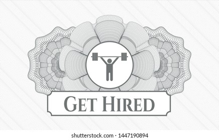 Grey rosette or money style emblem with weightlifting icon and Get Hired text inside