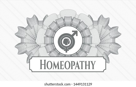 Grey rosette (money style emblem) with gender dysphoria icon and Homeopathy text inside