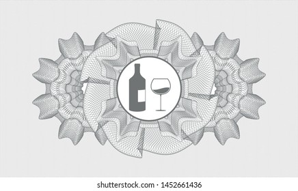 Grey rosette or money style emblem with bottle and glass of wine icon inside