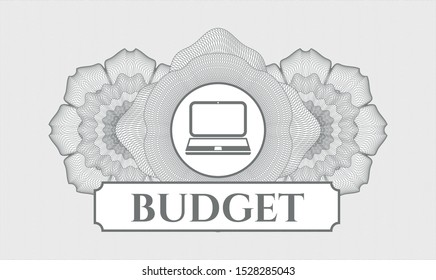 Grey rosette (money style emblem) with laptop icon and Budget text inside