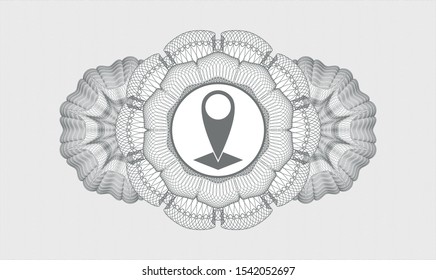 Grey rosette (money style emblem) with map pointer icon inside