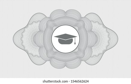 Grey rosette (money style emblem) with graduation cap icon inside