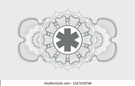 Grey rosette or money style emblem with emergency cross icon inside