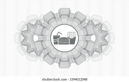 Grey rosette or money style emblem with fast food icon inside