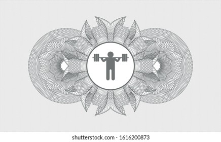 Grey rosette or money style emblem with squat icon inside