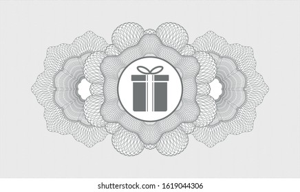 Grey rosette or money style emblem with gift box icon inside