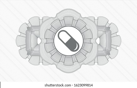 Grey rosette (money style emblem) with pill icon inside