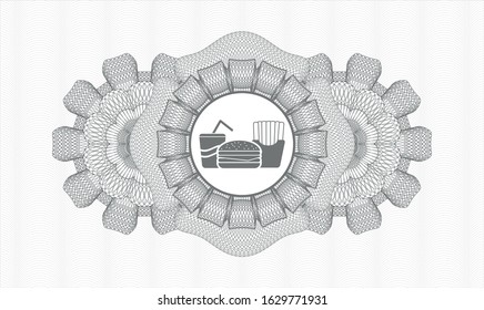 Grey rosette (money style emblem) with fast food icon inside