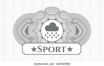 Grey rosette (money style emblem) with rain icon and Sport text inside