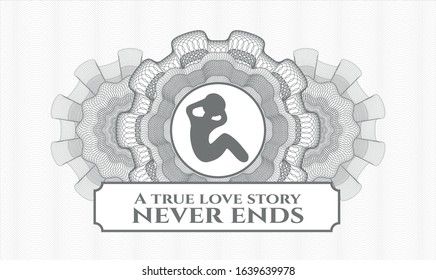 Grey rosette (money style emblem) with crunch icon and A true love story never ends text inside