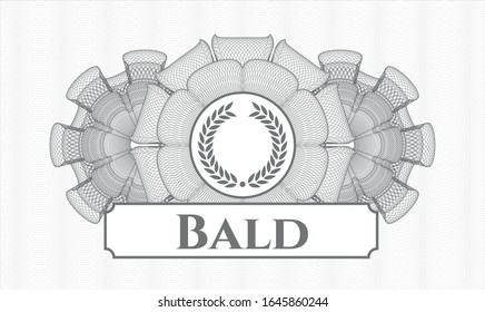 Símbolo gris de estilo rosette o monetario con icono de laurel y texto calvo dentro