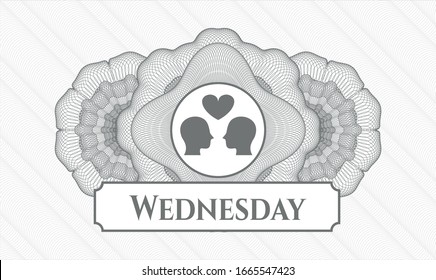 Grey rosette or money style emblem with couple in love icon and Wednesday text inside