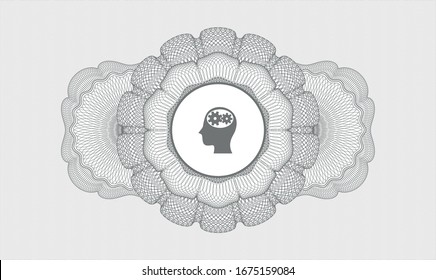 Grey rosette (money style emblem) with head with gears inside icon inside