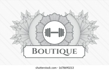 Grey rosette or money style emblem with dumbbell icon and Boutique text inside