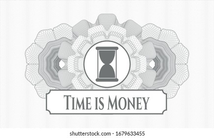 Graue Rosette- oder Geldstil-Emblem mit Stundenglas-Symbol und Zeit ist Geld-Text im Inneren