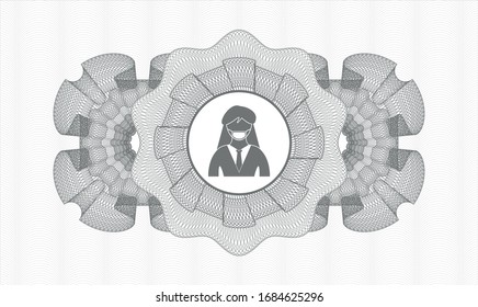 Grey rosette or money style emblem with woman wearing face mask icon inside