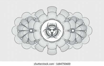 Grey rosette or money style emblem with biohazard covid-19 icon inside