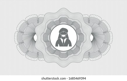 Grey rosette (money style emblem) with woman wearing face mask icon inside
