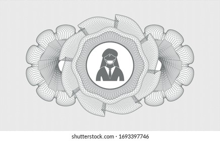 Grey rosette (money style emblem) with woman wearing face mask icon inside