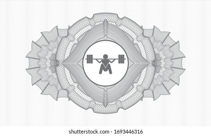 Grey rosette (money style emblem) with deep squat icon inside