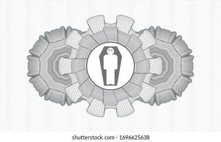 Grey rosette or money style emblem with dead man in his coffin icon inside