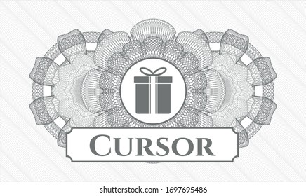 Grey rosette (money style emblem) with gift box icon and Cursor text inside