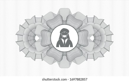 Grey rosette or money style emblem with woman wearing face mask icon inside