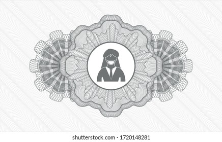 Grey rosette (money style emblem). Vector Illustration. Detailed with woman wearing face mask icon inside